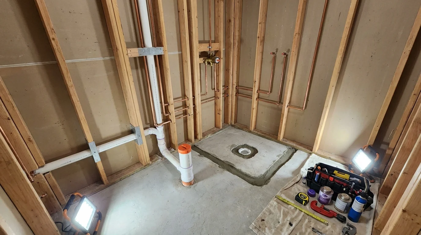 Bathroom rough-in plumbing during remodel by Johns Plumbing LLC in Greenlawn