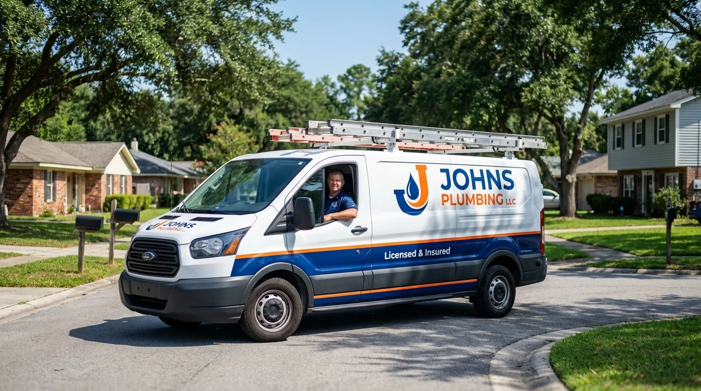 Johns Plumbing LLC service van in Greenlawn, NY
