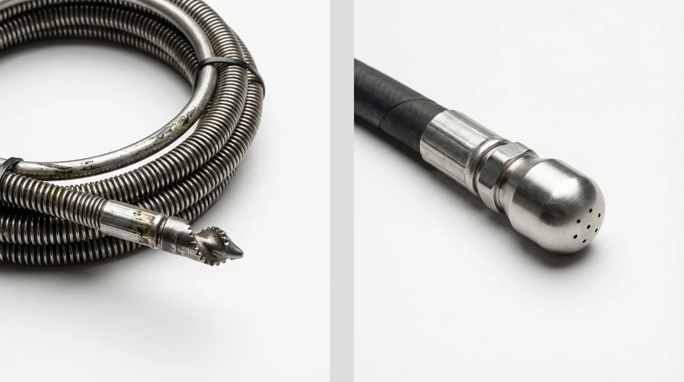 Drain snake cable and hydro jetting nozzle used for drain cleaning in Greenlawn, NY