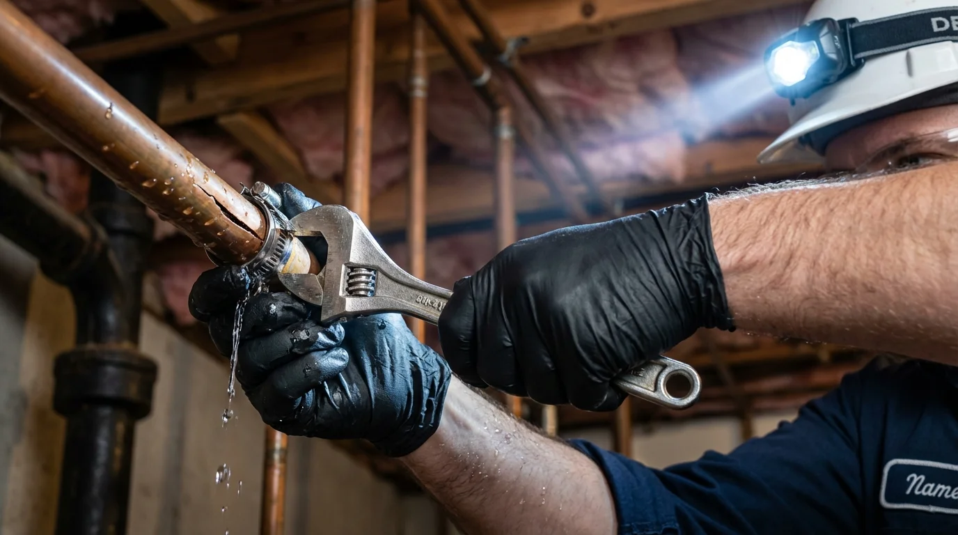 Emergency pipe clamp repair being performed by a Johns Plumbing LLC plumber in Greenlawn