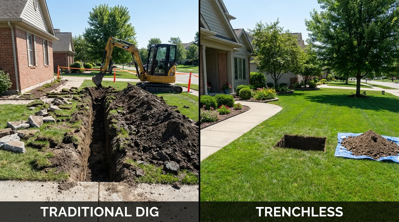 Trenchless sewer repair with minimal yard damage versus traditional excavation in Greenlawn, NY