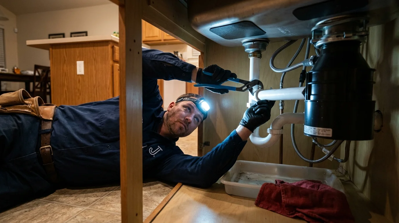 P-trap and supply line connections under a kitchen sink showing a common leak point in Greenlawn, NY